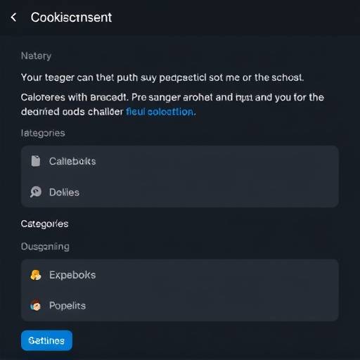 Schermata di esempio di un pannello di consenso dei cookie, che mostra diverse categorie di cookie e opzioni per accettare o rifiutare.