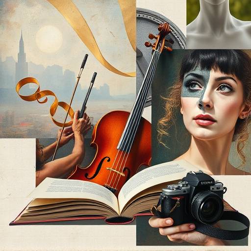 Un collage di immagini che rappresentano diverse forme d'arte: un dipinto, un libro aperto, uno strumento musicale e una cinepresa.