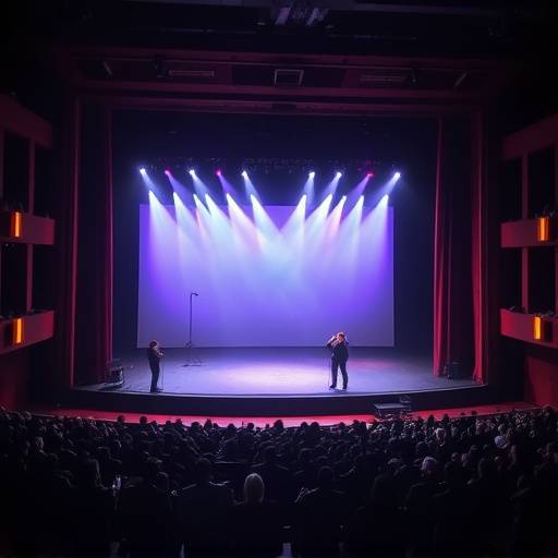 Un palcoscenico teatrale illuminato durante una rappresentazione.