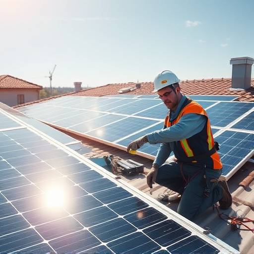 Un tecnico che installa pannelli solari su un tetto.